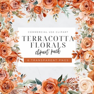 Clipart floral en terre cuite, aquarelle de fleurs d'automne, mariage d'automne, floral bohème orange, floral neutre orange et marron, floral groovy, pêche