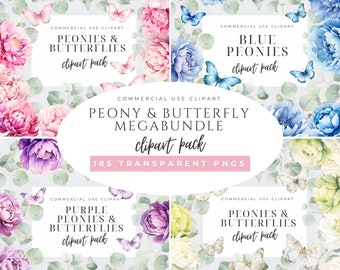 Pink Blue Purple Peonies Clipart, Peonies Watercolor Clip Art, Boho Florals, Wedding Flower PNG, Eucalyptus Greenery, Spring, Invitation