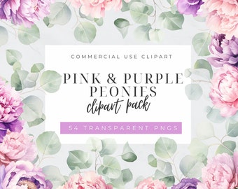 Wedding Peonies Clipart, Purple Boho Bouquet, Floral Peony Wreath Clip Art,  Watercolor Flowers, Eucalyptus Greenery Garland, Spring