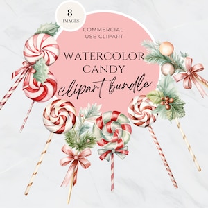 Watercolor Christmas Candy Clipart, Candy Cane With Bows, Christmas Sweets, Holiday, Lollipop Clipart, Commercial Use, Red and Green Candies