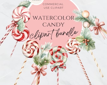 Watercolor Christmas Candy Clipart, Candy Cane With Bows, Christmas Sweets, Holiday, Lollipop Clipart, Commercial Use, Red and Green Candies