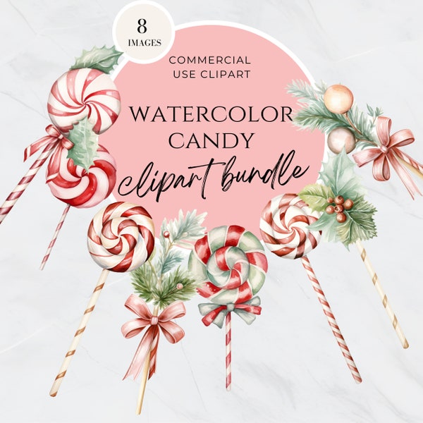 Watercolor Christmas Candy Clipart, Candy Cane With Bows, Christmas Sweets, Holiday, Lollipop Clipart, Commercial Use, Red and Green Candies