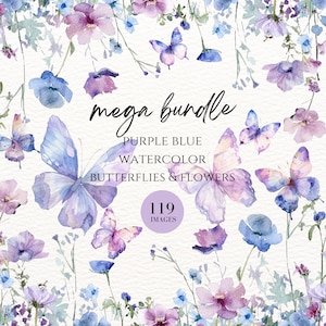 Clipart di farfalle viola dell'acquerello, acquerello floreale, clipart di matrimonio, clipart di bordo farfalla, carta digitale, segno di baby shower, primavera