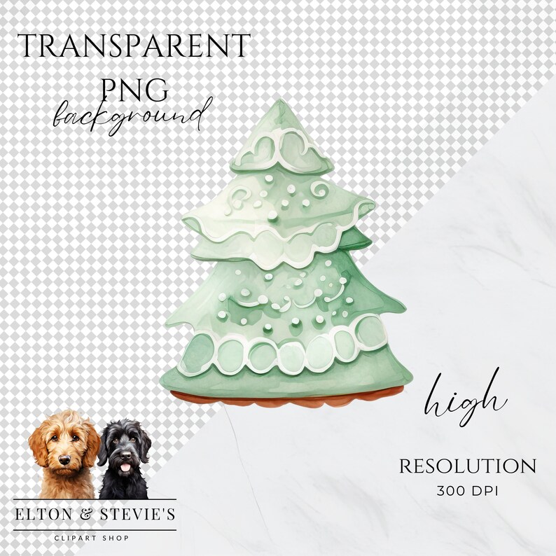 May include: Watercolor illustration of a green Christmas tree with white frosting details. The tree is decorated with white dots and a scalloped edge. The image includes the text "TRANSPARENT PNG background", "high resolution 300 DPI", and the shop name "ELTON & STEVIE'S CLIPART SHOP".