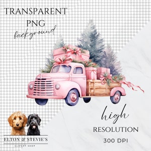 Pink Christmas Trucks Clipart, Watercolor Christmas Truck Clipart ...