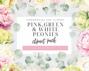 Wedding Peonies Clipart, White Pink Floral, Boho Peony Wreath Clip Art,  Watercolor Flowers, Eucalyptus Greenery Garland, Foliage, Spring