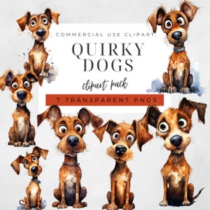 Watercolor Quirky Dogs Clipart, Pet Clip Art, Transparent Background PNG, Commercial Use, Overlays, Instant Download, High Resolution, Weird