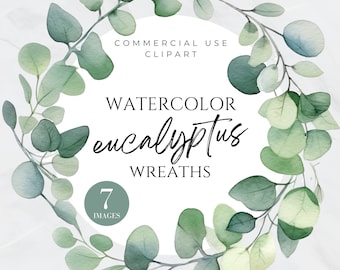 Watercolor Eucalyptus Wreath Clipart, Eucalyptus Leaves, Wedding Invites, Shower Greenery, Frame Border, Digital Download, Commercial Use