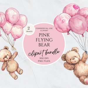 Flying Bear Clipart, Baby Bear Balloons Neutral Clipart, Watercolor Floating Teddy Bear, Wall Art Nursery Decor, Baby Shower Invitation