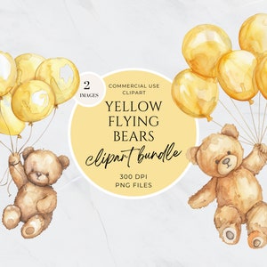 Flying Bear Clipart, Baby Bear Balloons Neutral Clipart, Watercolor Floating Teddy Bear, Wall Art Nursery Decor, Baby Shower Invitation