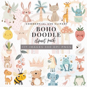Scandi Clipart, Boho Doodle Clipart, Boho Waldtiere Clipart Aquarell Bundle, Regenbogen Kinderzimmer Png, Babyparty, kommerzielle Lizenz