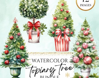 Christmas Topiary Clipart,  Christmas Garlands, Simple Christmas, Elegant, Watercolor, Decorated Christmas Tree, Traditional, Elegant