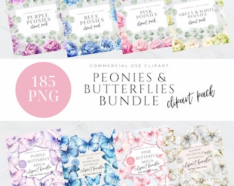 Pink Blue Purple Peonies Clipart, Peonies Watercolor Clip Art, Boho Florals, Wedding Flower PNG, Eucalyptus Greenery, Spring, Invitation