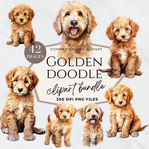 Golden Doodle Clipart, Doodle Dog, Acuarela de perro, Descarga instantánea, Labradoodle negro, Retrato de perro, Silueta de Doodle dorado, Guardería