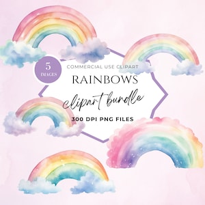 Pastel Color Rainbow Clipart, Boho Rainbow Clipart With Flower, Cloud and Rainbow Watercolor Clip Art, Baby Shower, Scrapbook, Boho Nursery