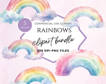 Pastel Color Rainbow Clipart, Boho Rainbow Clipart With Flower, Cloud and Rainbow Watercolor Clip Art, Baby Shower, Scrapbook, Boho Nursery