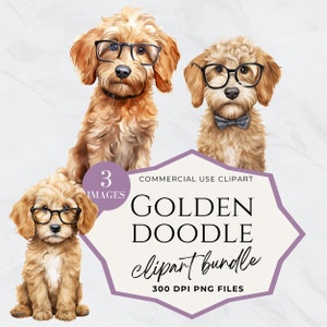 Golden Doodle Clipart, Doodle Dog, Acuarela de perro, Descarga instantánea, Labradoodle negro, Retrato de perro, Silueta de Doodle dorado, Guardería