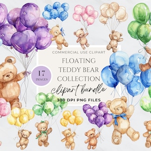Flying Bear Clipart, Baby Bear Balloons Neutral Clipart, Watercolor Floating Teddy Bear, Wall Art Nursery Decor, Baby Shower Invitation
