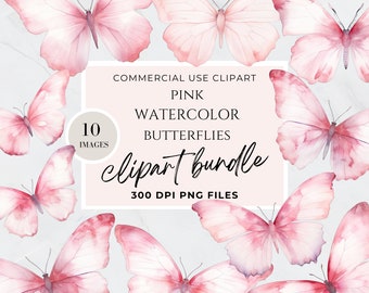 May include: A digital clipart bundle of 10 watercolour pink butterflies.  The butterflies are in various positions and have a soft, delicate look.  The text "COMMERCIAL USE CLIPART PINK WATERCOLOR BUTTERFLIES clipart bundle 300 DPI PNG FILES" is on a pink rectangle in the centre of the image.