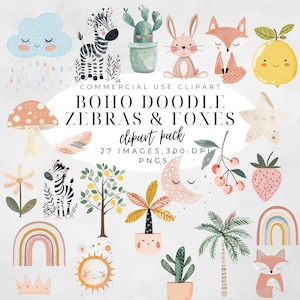 Boho Baby Doodle Clipart, Boho Woodland Animals Clip Art, Paquete de acuarela de primavera, Rainbow Nursery Png, Baby Shower, Licencia comercial