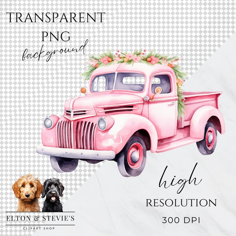 Pink Christmas Trucks Clipart, Watercolor Christmas Truck Clipart ...