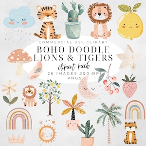 Boho Baby Doodle Clipart, ClipArt Boho Woodland Animals, Pacchetto acquerello primaverile, Png asilo nido arcobaleno, Baby Shower, Licenza commerciale