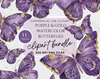 Purple Butterfly Clipart, Gold Glitter Butterflies Clip Art, Pastel Purple PNG, Garden Clip Art, Transparent Background, Commercial Use