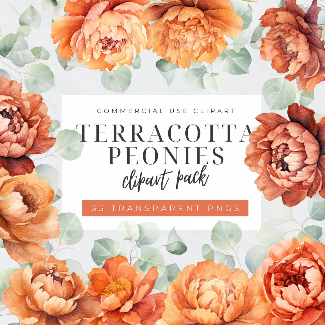 Terracotta Floral Clipart, Boho Peonies Clip Art, Watercolor Autumn ...