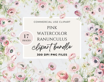 Dusty Pink Flower Clipart, Ranunculus Clipart Watercolor,  Watercolor Floral Clipart For Commercial Use, Digital, PNG, Pink, High Resolution