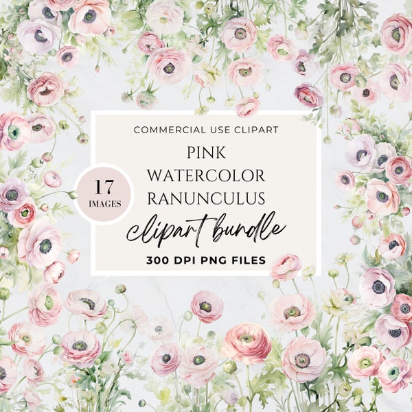 Dusty Pink Flower Clipart, Ranunculus Clipart Watercolor,  Watercolor Floral Clipart For Commercial Use, Digital, PNG, Pink, High Resolution