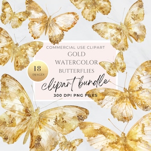 Gold Glitter Butterflies Clipart, Gold Butterfly Clip Art, Transparent Background PNG, Commercial Use, Overlays,  Gold Wings, Digital
