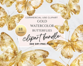Gold Glitter Butterflies Clipart, Gold Butterfly Clip Art, Transparent Background PNG, Commercial Use, Overlays,  Gold Wings, Digital