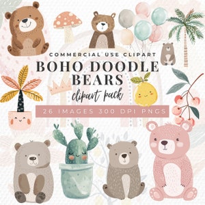 Boho Baby Doodle Clipart, ClipArt Boho Woodland Animals, Pacchetto acquerello primaverile, Png asilo nido arcobaleno, Baby Shower, Licenza commerciale