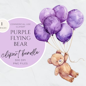 Flying Bear Clipart, Baby Bear Balloons Neutral Clipart, Watercolor Floating Teddy Bear, Wall Art Nursery Decor, Baby Shower Invitation