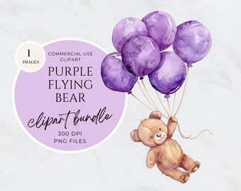 Flying Bear Clipart, Baby Bear Balloons Neutral Clipart, Watercolor Floating Teddy Bear, Wall Art Nursery Decor, Baby Shower Invitation