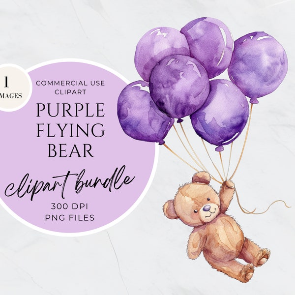 Flying Bear Clipart, Baby Bear Balloons Neutral Clipart, Watercolor Floating Teddy Bear, Wall Art Nursery Decor, Baby Shower Invitation