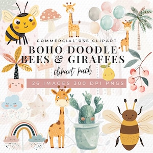 Boho Baby Doodle Clipart, Boho Waldtiere Clip Art, Frühling Aquarell Bundle, Regenbogen Kinderzimmer Png, Babyparty, kommerzielle Lizenz
