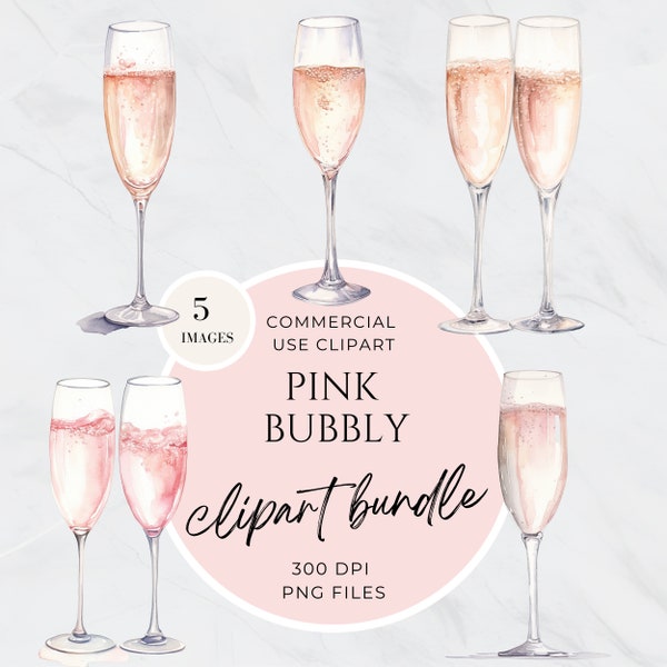 Pink Bubbly Bottle Clipart, Pink Bottle Clipart, Flutes, Prosecco, Wedding Sign, Bar Drinks, Commercial Use, Wine, Celebration, Toast