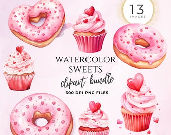 Watercolor Donuts Clipart | Valentine'S Day Clipart | Heart Cookie | Donuts Party | Instant Download Png | Food Clipart | Cut Files