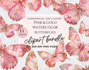 Imágenes prediseñadas de mariposa rosa y dorada, clip art de mariposas con brillo dorado, fondo transparente mariposa rosa PNG, boda de primavera, acuarela