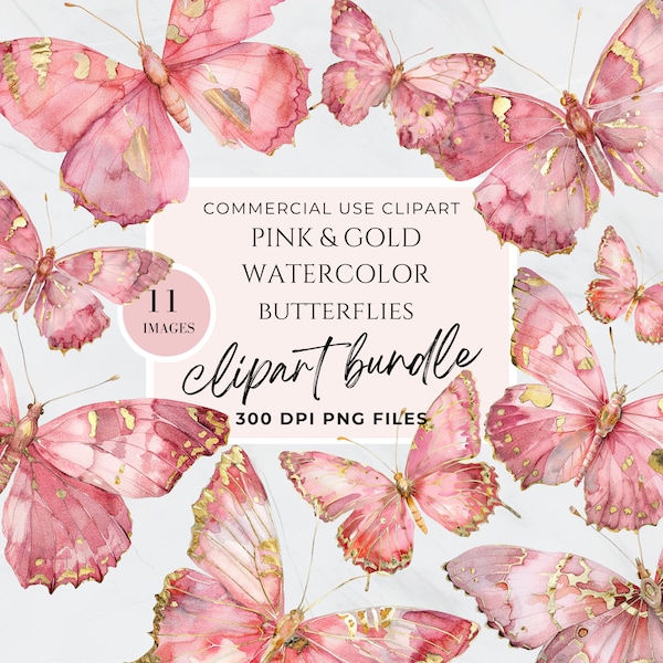 Rosa und Gold Schmetterling Clipart, Clip Art Gold Glitzer Schmetterlinge, transparenter Hintergrund rosa Schmetterling PNG, Frühlingshochzeit, Aquarell