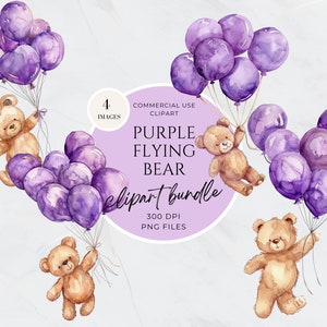 Flying Bear Clipart, Baby Bear Balloons Neutral Clipart, Watercolor Floating Teddy Bear, Wall Art Nursery Decor, Baby Shower Invitation