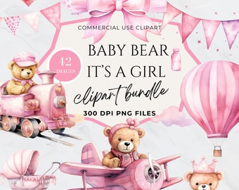 Baby Girl Teddy Bears Clipart, Newborn Baby, Its a Girl, Nursery Clipart, Neutral Baby Shower Clipart, PNG, Baby Girls Nursery Watercolor