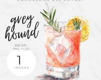 Greyhound Watercolor Clipart, Custom Watercolor Cocktail, Bar Cart Menu PNG, Signature Cocktail, Wedding Drinks Sign, Alcohol Illustration