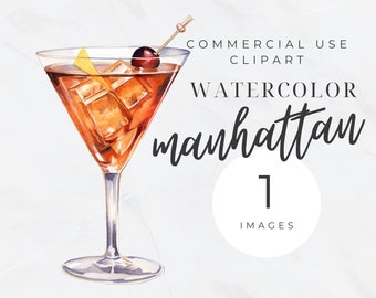 Watercolor Manhattan Clipart: Bar Cart Drinks Illustration (PNG)