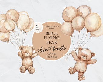 Flying Bear Clipart, Baby Bear Balloons Neutral Clipart, Watercolor Floating Teddy Bear, Wall Art Nursery Decor, Baby Shower Invitation