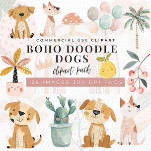 Boho Baby Doodle Clipart, Boho Woodland Animals Clip Art, Paquete de acuarela de primavera, Rainbow Nursery Png, Baby Shower, Licencia comercial