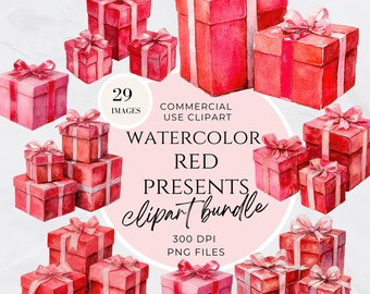 Christmas Presents Clipart, Watercolor Gifts Bundle, Digital Download PNG, Commercial Use, Holiday Graphics