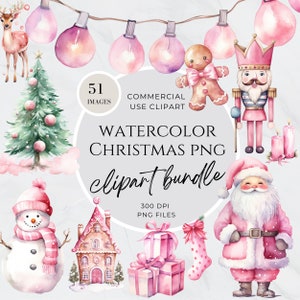 Watercolor Pink Christmas Clipart Bundle, Pink Christmas Truck Clipart, Christmas Snowman, Pink Bells, Reindeer, Tree, Commercial Use PNG