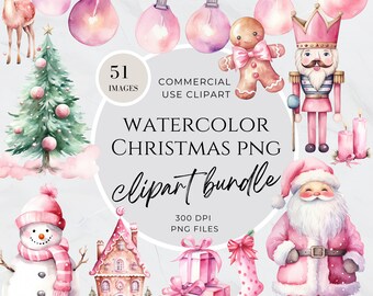 Watercolor Pink Christmas Clipart Bundle, Pink Christmas Truck Clipart, Christmas Snowman, Pink Bells, Reindeer, Tree, Commercial Use PNG